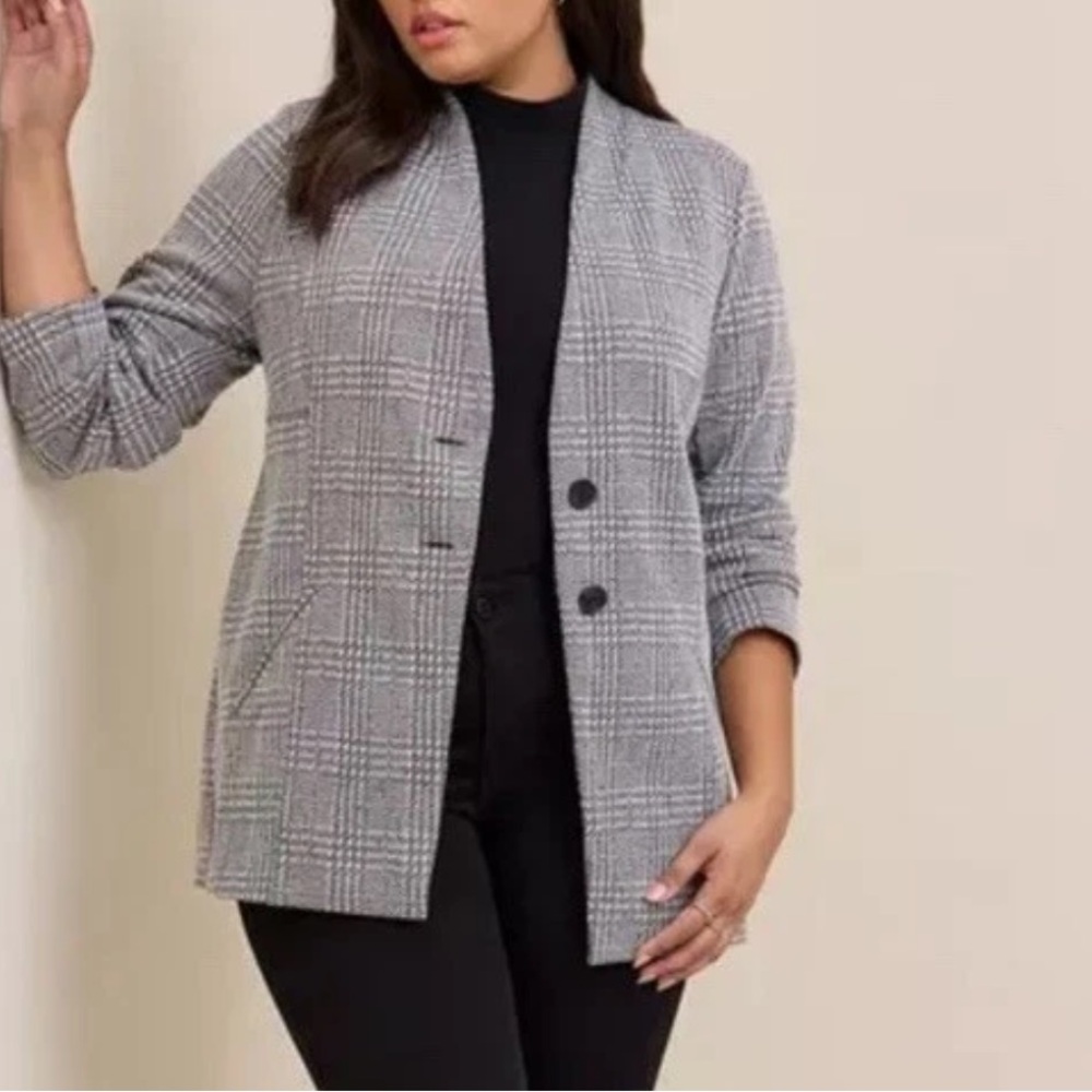 NEW Torrid Glenn Plaid Longline Blazer Jacket Womens Size 00 M/L 10 Black White